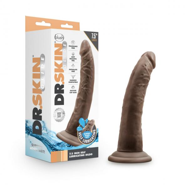 Dr. Skin Glide 7.5in Self Lubricating Dildo Chocolate - Click Image to Close