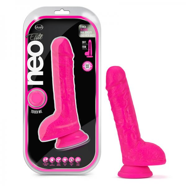 Neo Elite 9in Dual Density Cock W/ Balls Neon Pink - Click Image to Close