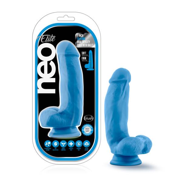 Neo Elite 7in Silicone Dual Density Cock W/ Balls Neon Blue - Click Image to Close