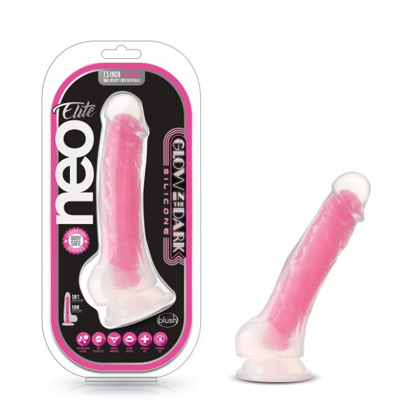 Neo Elite Glow In The Dark 7.5 In Silicone Cock W/ Balls Neon Pink - Click Image to Close