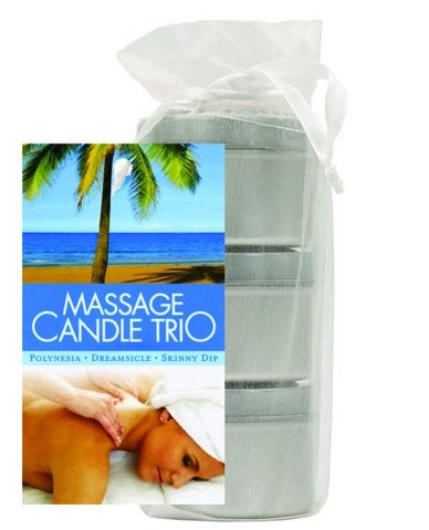 Earthly body massage candle trio gift bag - 2 oz skinny dip, dreamsicle, and polynesia - Click Image to Close