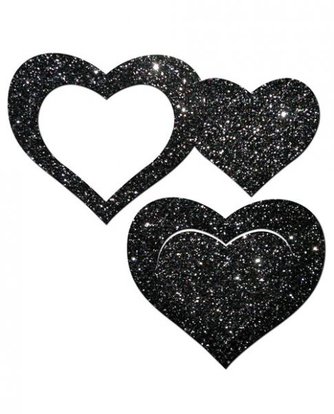 Pastease Glitter Peek A Boob Hearts Pasties Black - Click Image to Close