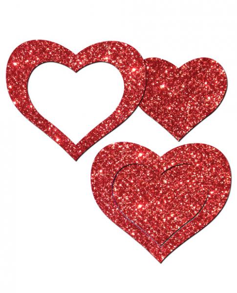 Pastease Glitter Peek A Boob Hearts Pasties Red - Click Image to Close