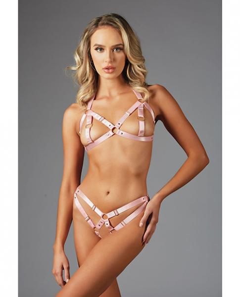 Adore Maddie Strap Bralette W/nipple Rings & Open Panty Pink O/s