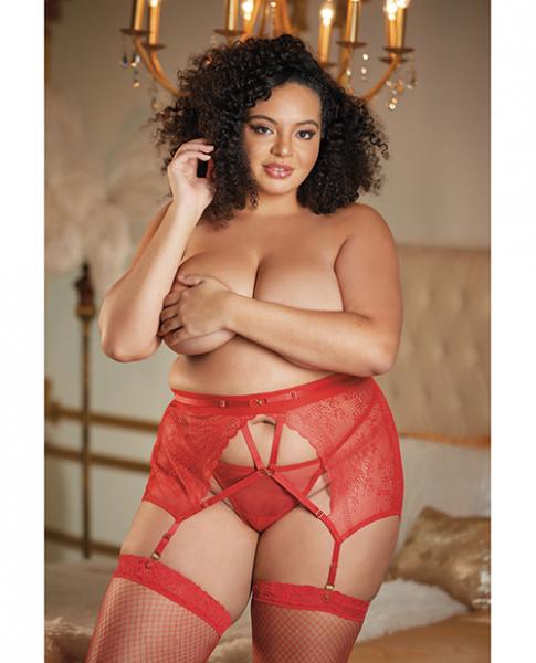 Allure High Waisted Lace Garter & G-string Red Qn - Click Image to Close