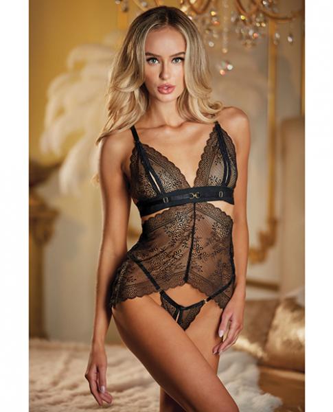 Allure Lace Peek A Boo Chemise & Ouverte G-string Black O/s