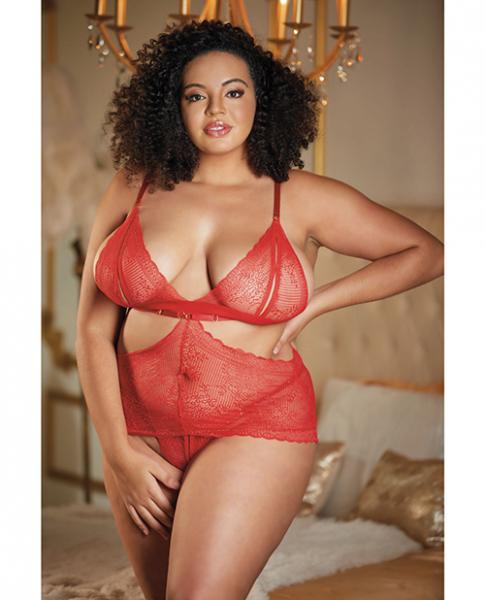 Allure Lace Peek A Boo Chemise & Ouverte G-string Red Qn