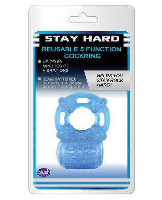 Blush stay hard vibrating reusable 5 function cock ring - blue