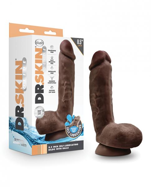 Blush Dr. Skin Glide 8.5" Self Lubricating Dildo W/balls - Chocolate - Click Image to Close