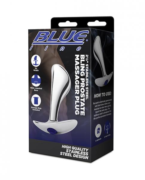 Blue Line 2.5" Stainless Steel Bling Prostate Massager Plug - Click Image to Close