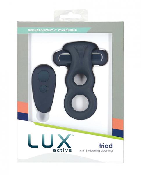 Lux Active Triad 4.5" Vibrating Dual Ring W/remote - Dark Blue - Click Image to Close