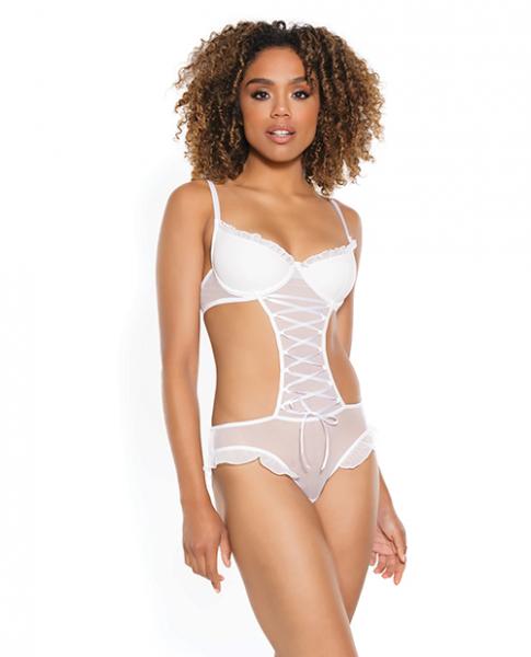 Stretch Mesh Ruffled Crotchless Teddy White Sm - Click Image to Close