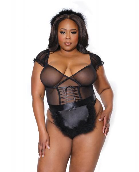 Holiday Mistletoe Maid Stretch Mesh Teddy, Marabou Trimmed Apron & Headband Black Os/xl - Click Image to Close