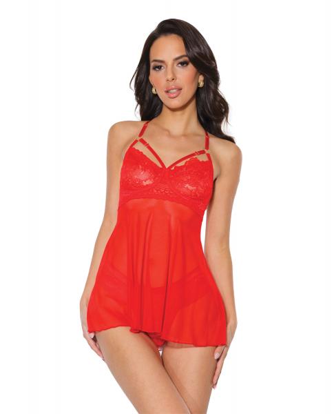 Holiday Scallop Stretch Lace & Mesh Babydoll & Thong Red/gold Xl - Click Image to Close