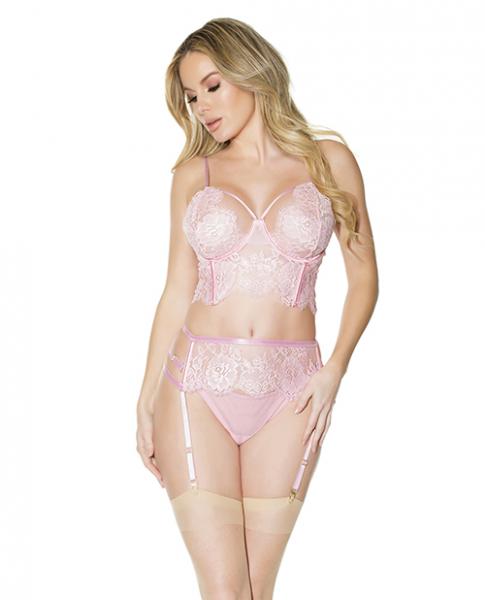 Crystal Pink Longline Bra, Garter Belt & Panty Pink Lg - Click Image to Close