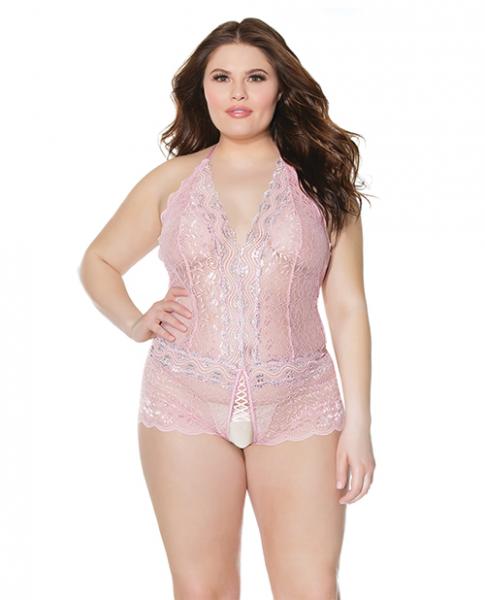 Crystal Pink Halter Crotchless Teddy Pink/silver Os/xl - Click Image to Close