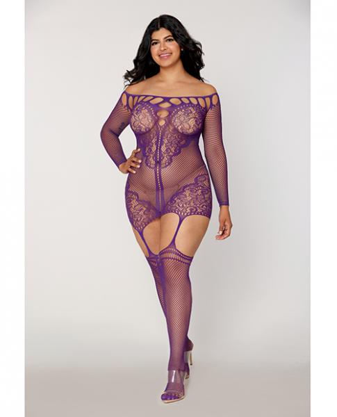 Scalloped Lace And Fishnet Garter Dress W/attached Stockings - Purple Qn - Click Image to Close