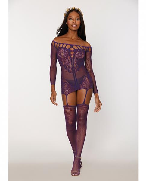 Scalloped Lace And Fishnet Garter Dress W/attached Stockings - Purple O/s - Click Image to Close