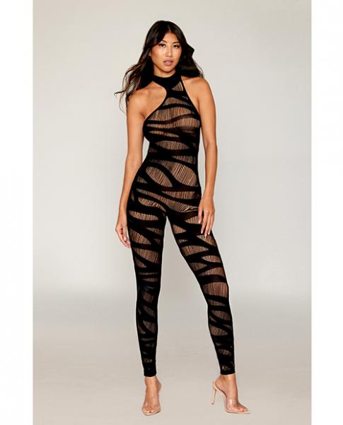 Asymmetrical Knitted Bodystocking W/slash Design - Black O/s