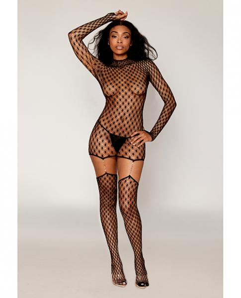 Geometric Fence Net Turtleneck Garter Dress W/stockings - Black O/s