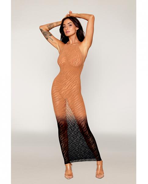 Two-tone Ombre Seamless Zebra Knit Bodystocking Gown - Copper/black O/s