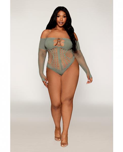 Long Sleeve Opaque And Fishnet Seamless Teddy W/removable Halter Chain - Sage Green Qn