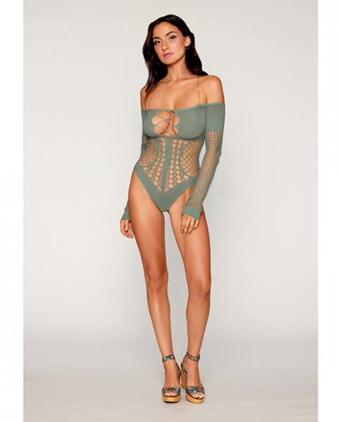 Long Sleeve Opaque And Fishnet Seamless Teddy W/removable Halter Chain - Sage Green O/s - Click Image to Close