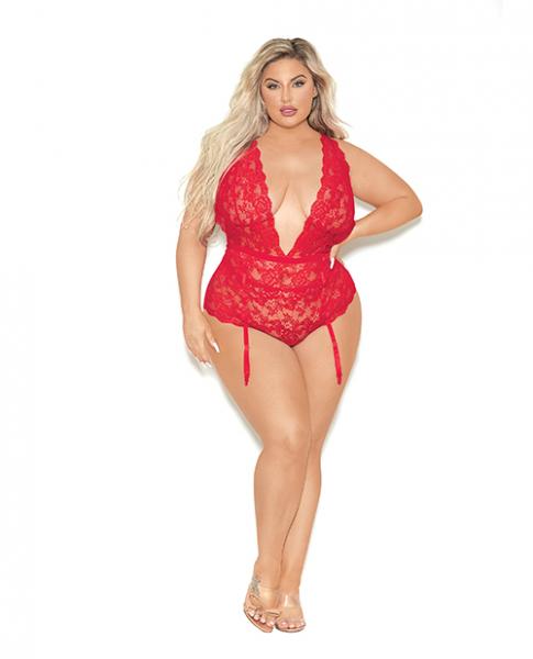 Euphoria Deep V Lace Teddiette W/open Crotch & Butt Red Qn - Click Image to Close