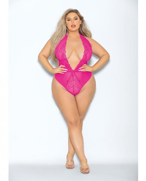 Euphoria Neon Deep V Teddy Neon Pink Qn - Click Image to Close