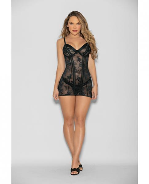 Flame Fetish Boss Lady Lace Up Back Chemise & Wide Band Thong Black Lg - Click Image to Close