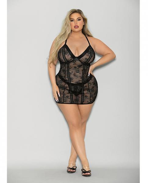 Flame Fetish Boss Lady Lace Up Back Chemise & Wide Band Thong Black 1x/2x - Click Image to Close