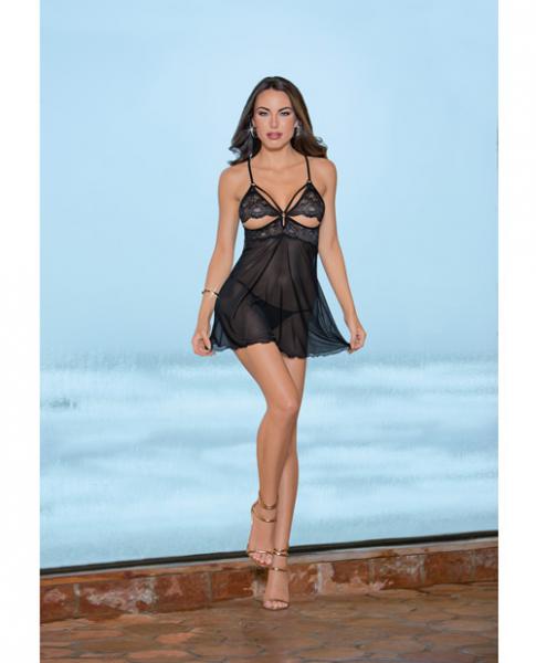 Sheer Strappy Back Babydoll Black Large - Click Image to Close