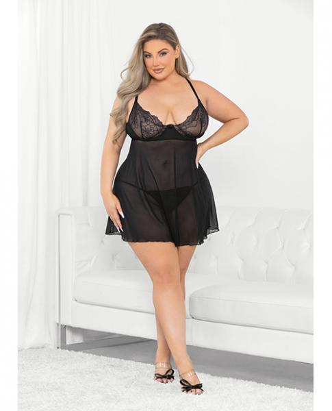 Raised Embroidery Lace Babydoll Black 1x - Click Image to Close