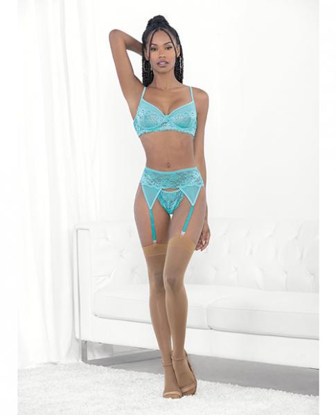 Lace & Mesh Underwire Bra, Garterbelt & G-string Malibu Blue Lg - Click Image to Close