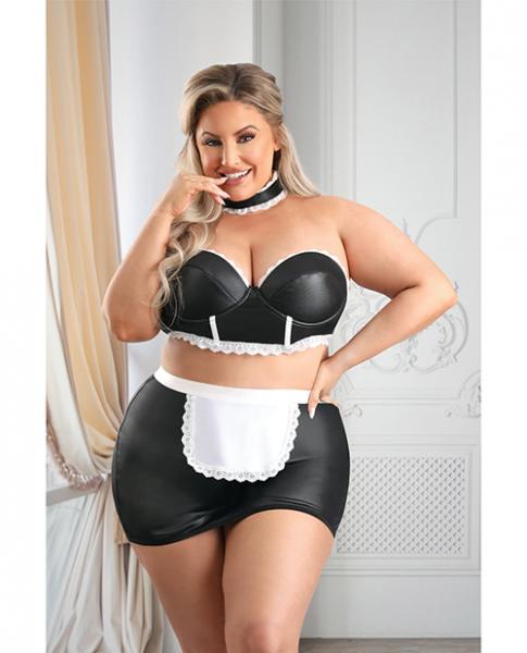 Play 5-star Service Wetlook Bustier, Open Back Skirt, G-string & Choker Black/white 1x/2x