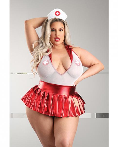 Play Pulse Check Collared Teddy W/open Back, Pleated Skirt, Medic Hat & Pasties Red/white 1x/2x - Click Image to Close