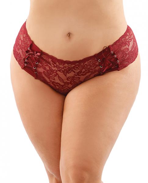 Bottoms Up Magnolia Stretch Lace Crotchless Panty W/ribbon Lace Up Front Garnet Qn - Click Image to Close