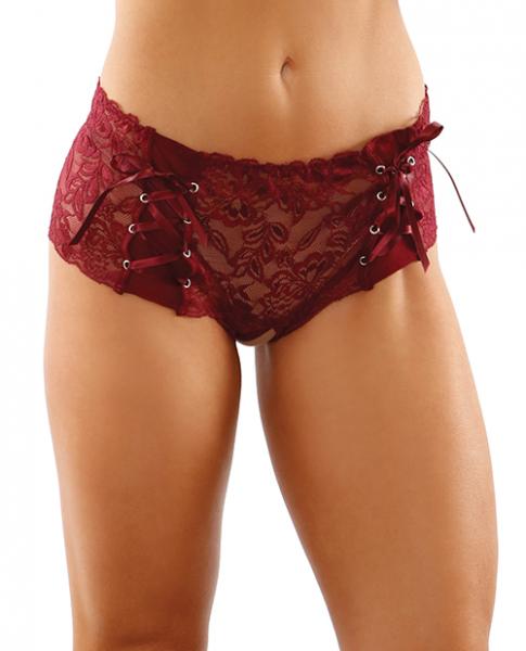 Bottoms Up Magnolia Stretch Lace Crotchless Panty W/ribbon Lace Up Front Garnet S/m