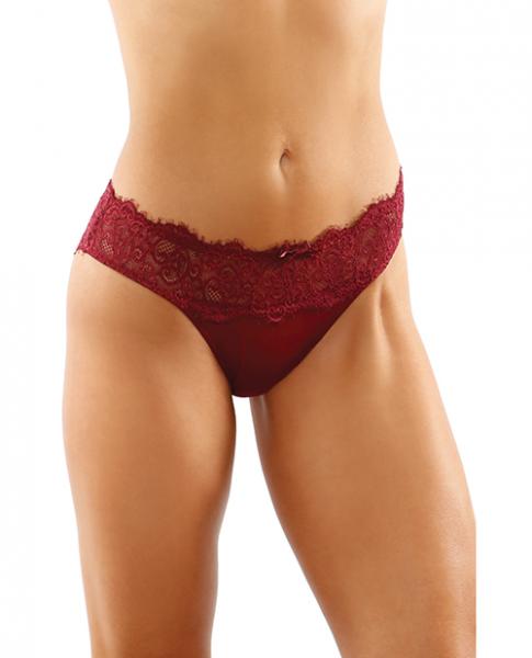 Bottoms Up Ivy Eyelash Lace Panty W/criss Cross Back & Bow Trims Garnet L/xl