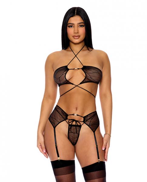 Pull My Strings Mesh Halterneck Bra W/garter & Panty - Black Lg