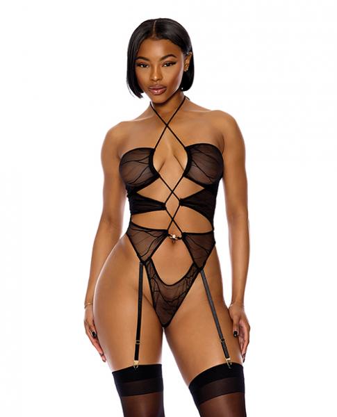 Pull My Strings Sheer Mesh Halterneck Teddy - Black Lg