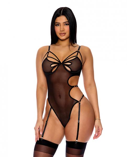 Feeling Butterflies Mesh Teddy W/garters - Black Lg