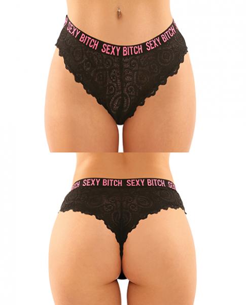 Vibes Buddy Sexy Bitch Lace Panty & Micro Thong Black/pnk L/xl - Click Image to Close