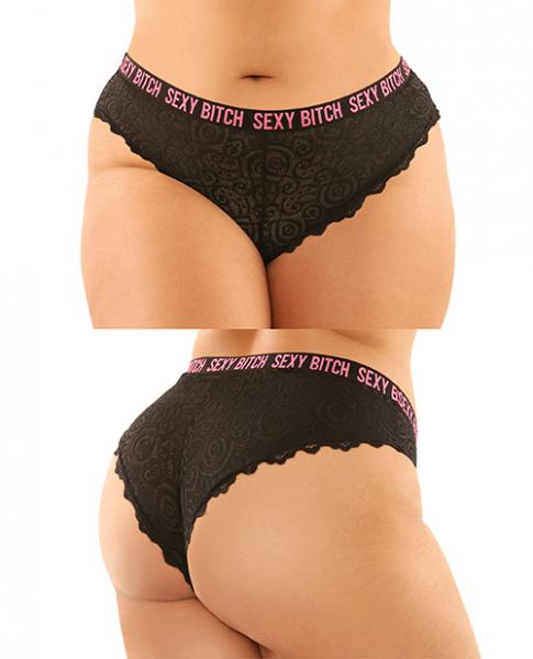 Vibes Buddy Sexy Bitch Lace Panty & Micro Thong Black/pnk Qn - Click Image to Close