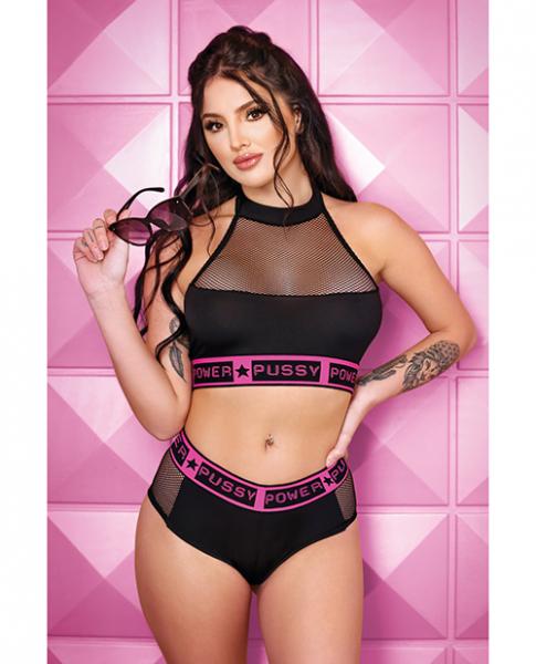 Vibes Pussy Power Micro-net Halter Top & Booty Short Black M/l - Click Image to Close