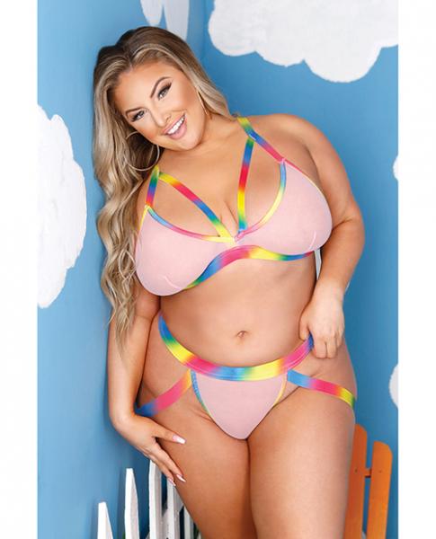 Vibes Make It Rain Caged Bralette & Panty W/booty Rainbow Qn - Click Image to Close