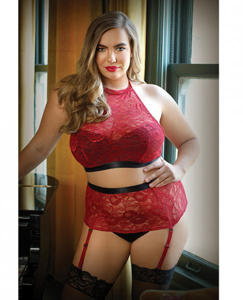 Curve Aria Lace Halter Top & High Waist Panty Red 1x/2x