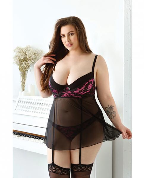 Curve Madison Soft Cup Babydoll W/garters & Panty Black/pink 1x/2x