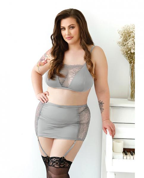 Curve Layne Lace & Microfiber Bralette W/garter Skirt & G-string Gray 1x/2x