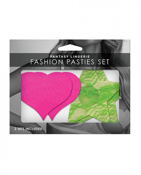 Fantasy Uv Reactive Neon Heart & Lace Star Pasties - Pink & Green O/s Pack Of 2